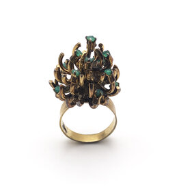 Gold Protea Flower Ring with 13 Emeralds and Textured Band