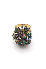 Gold Protea Flower Ring with 13 Emeralds and Textured Band