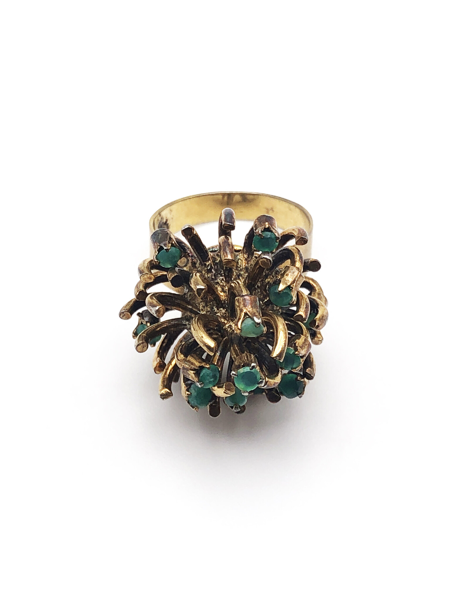 Gold Protea Flower Ring with 13 Emeralds and Textured Band