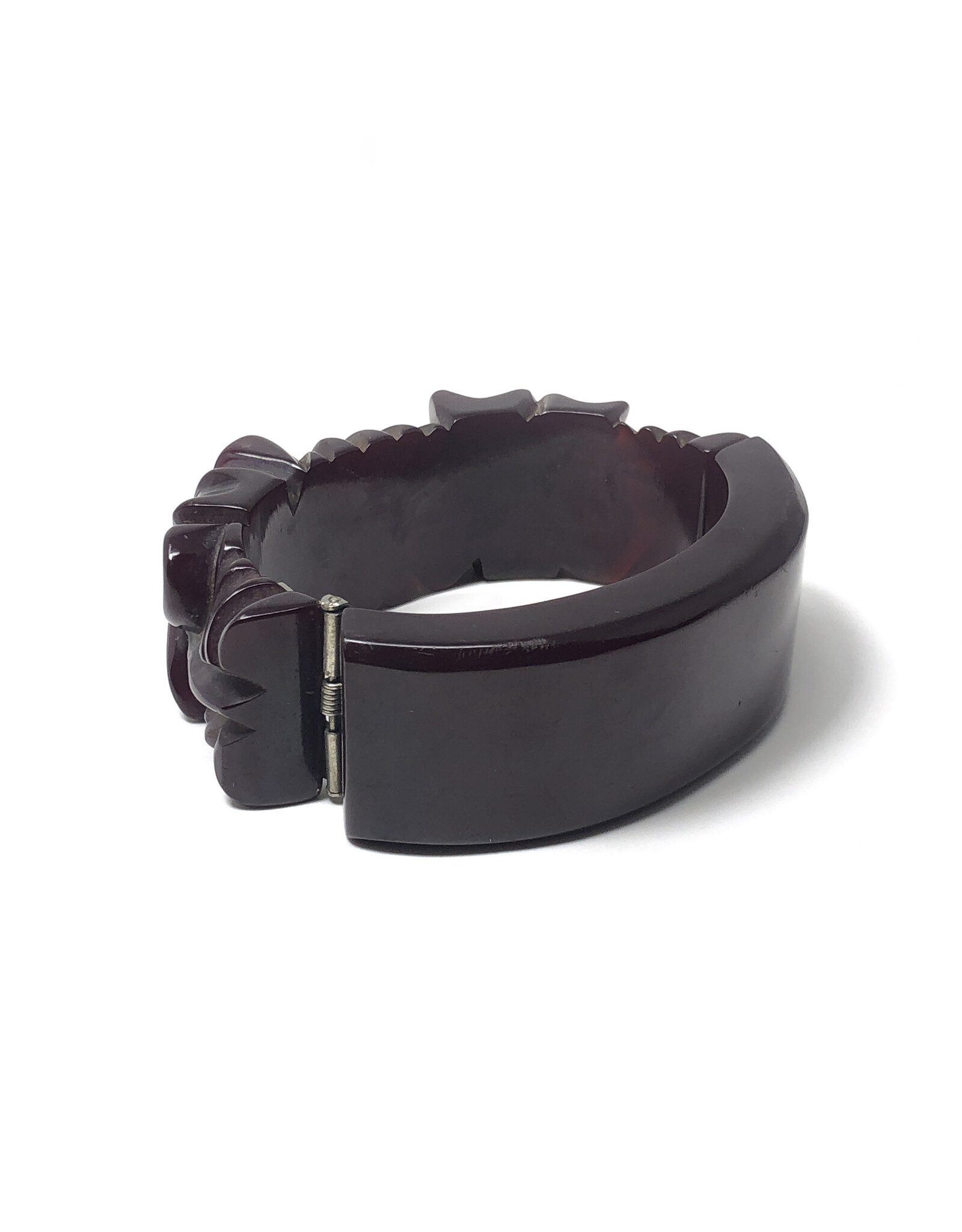 Vintage Floral Carved Maroon Bakelite Clamper Bracelet