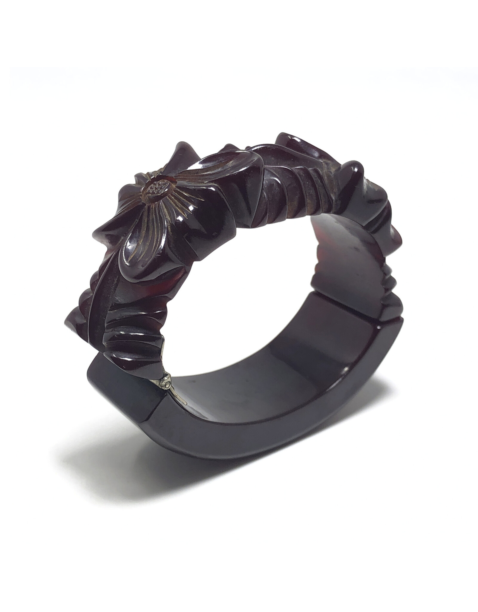 Vintage Floral Carved Maroon Bakelite Clamper Bracelet