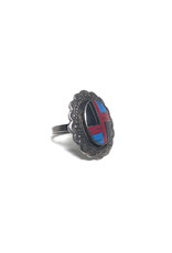 Vintage Sterling Turquoise and Coral Zuni Channel-InlayRing with Concho-Style Setting
