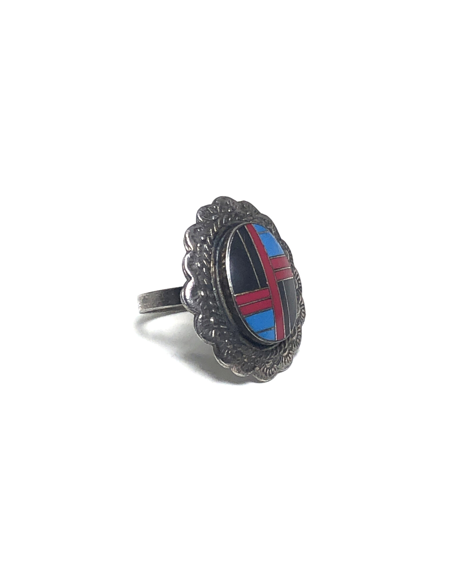 Vintage Sterling Turquoise and Coral Zuni Channel-InlayRing with Concho-Style Setting