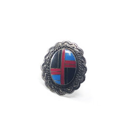 Vintage Sterling Turquoise and Coral Zuni Channel-InlayRing with Concho-Style Setting