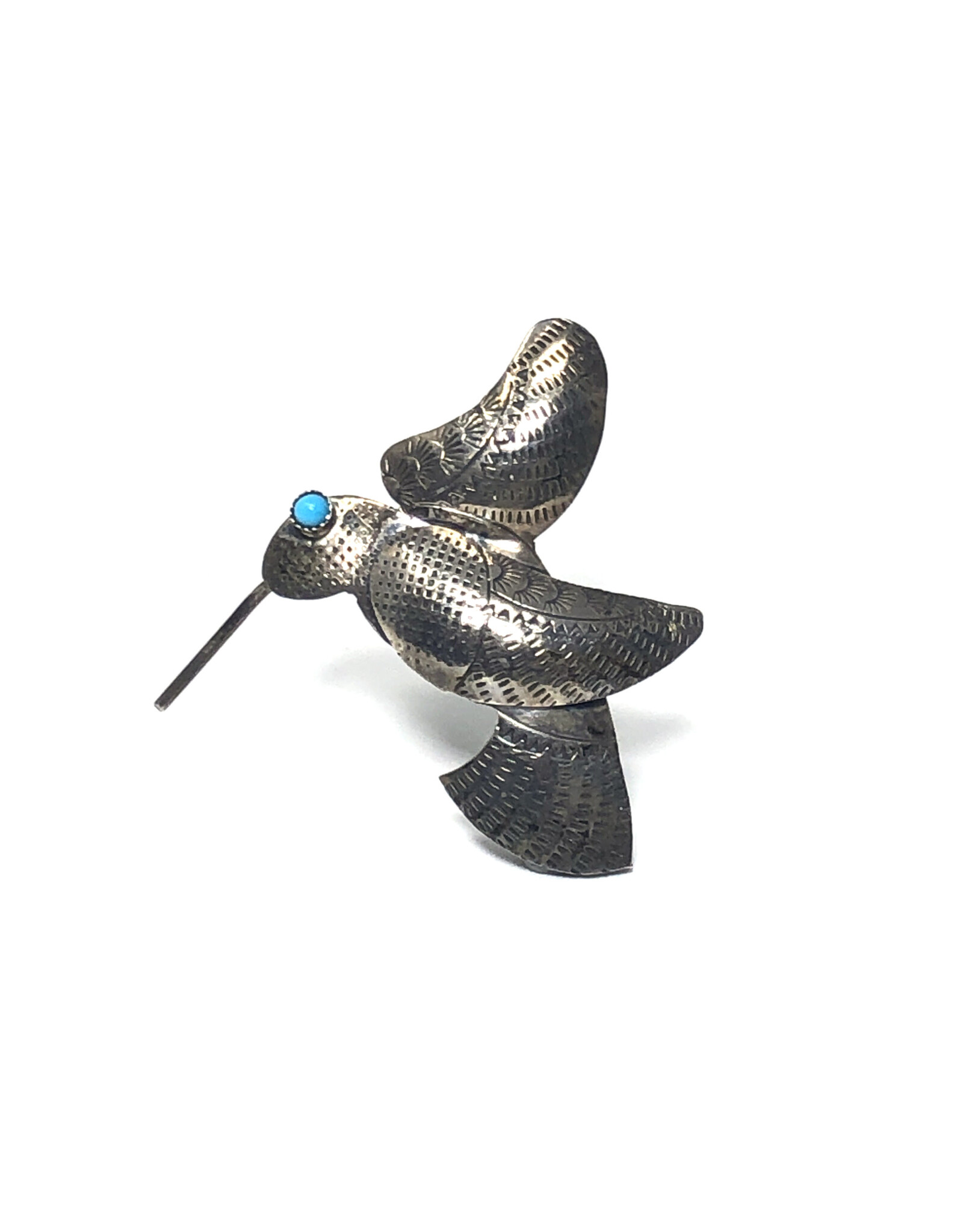 Herbert Tsosie Vintage Sterling Navajo Hummingbird Brooch with Turquoise Eye