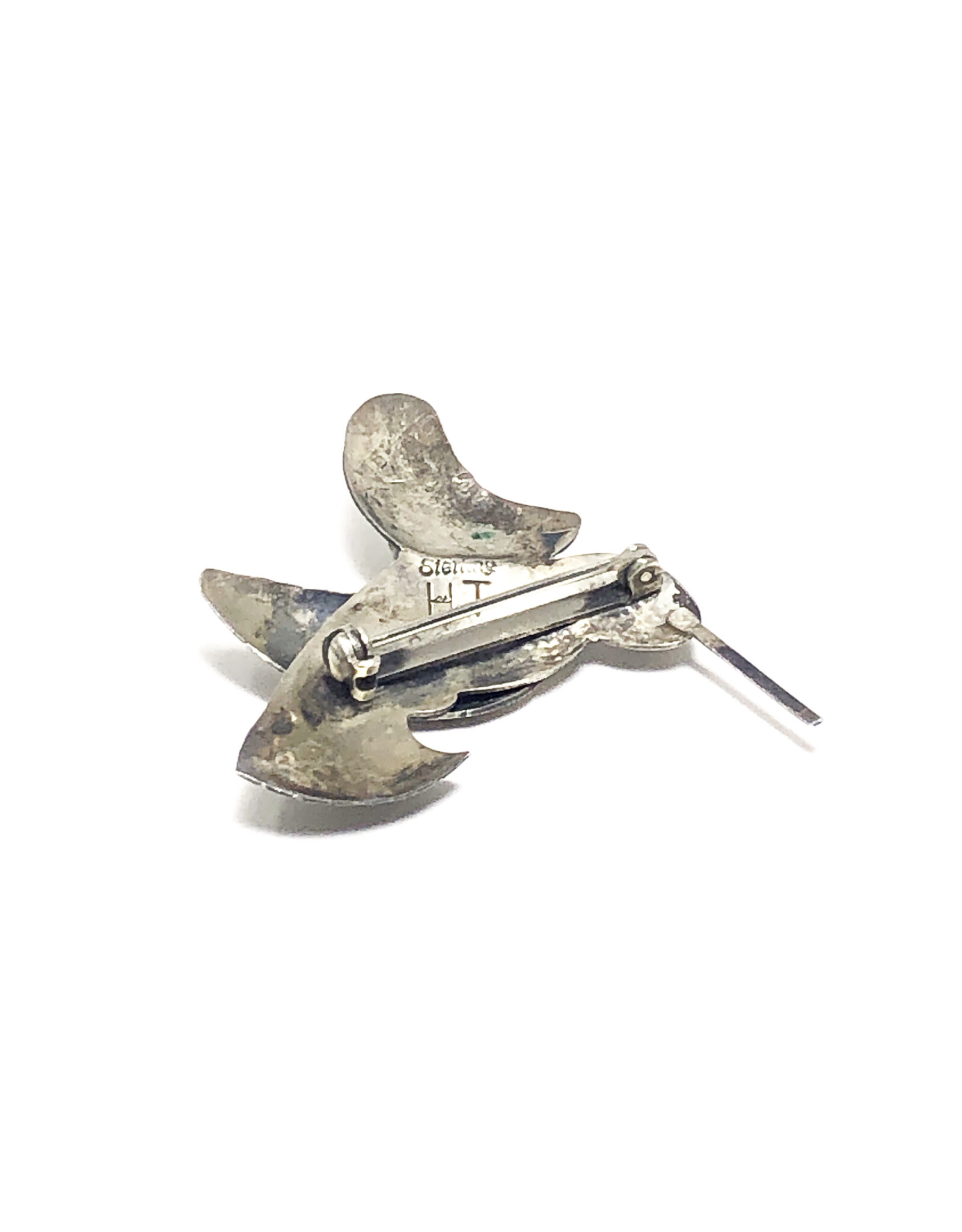 Herbert Tsosie Vintage Sterling Navajo Hummingbird Brooch with Turquoise Eye