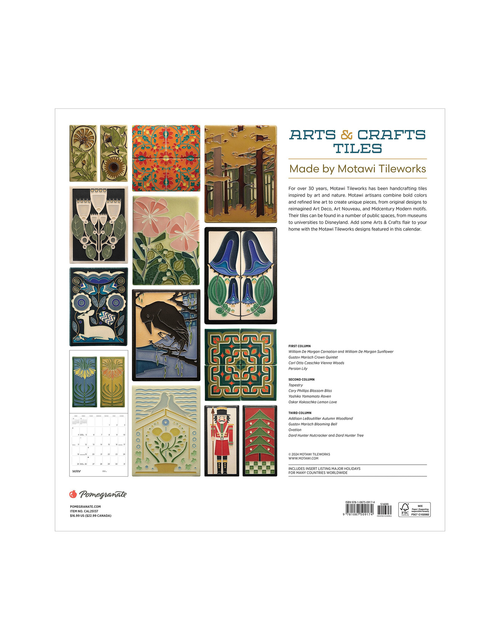 Pomegranate Arts & Crafts Tiles: Made by Motawi Tileworks 2025 Wall Calendar