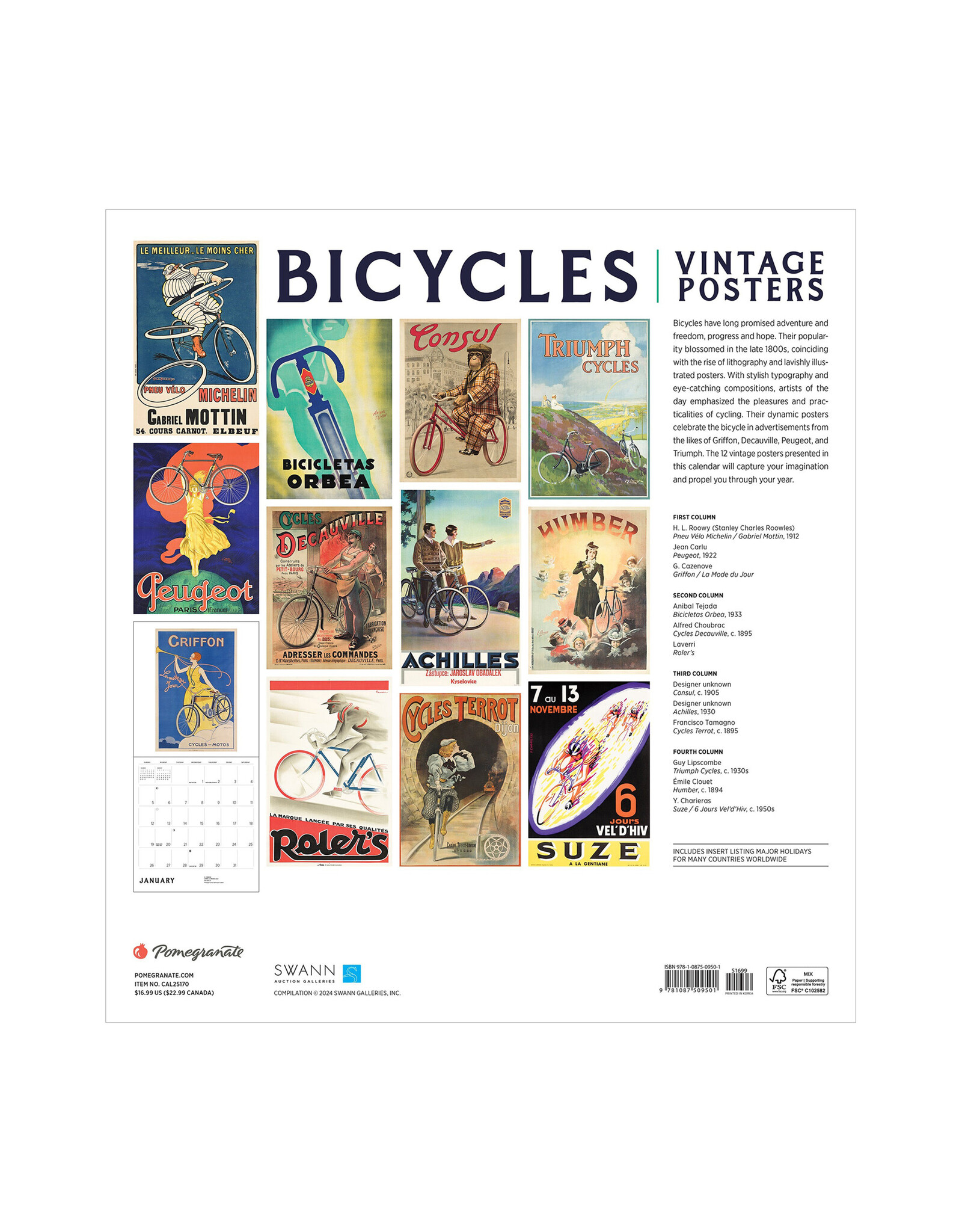 Pomegranate Bicycles: Vintage Posters 2025 Wall Calendar