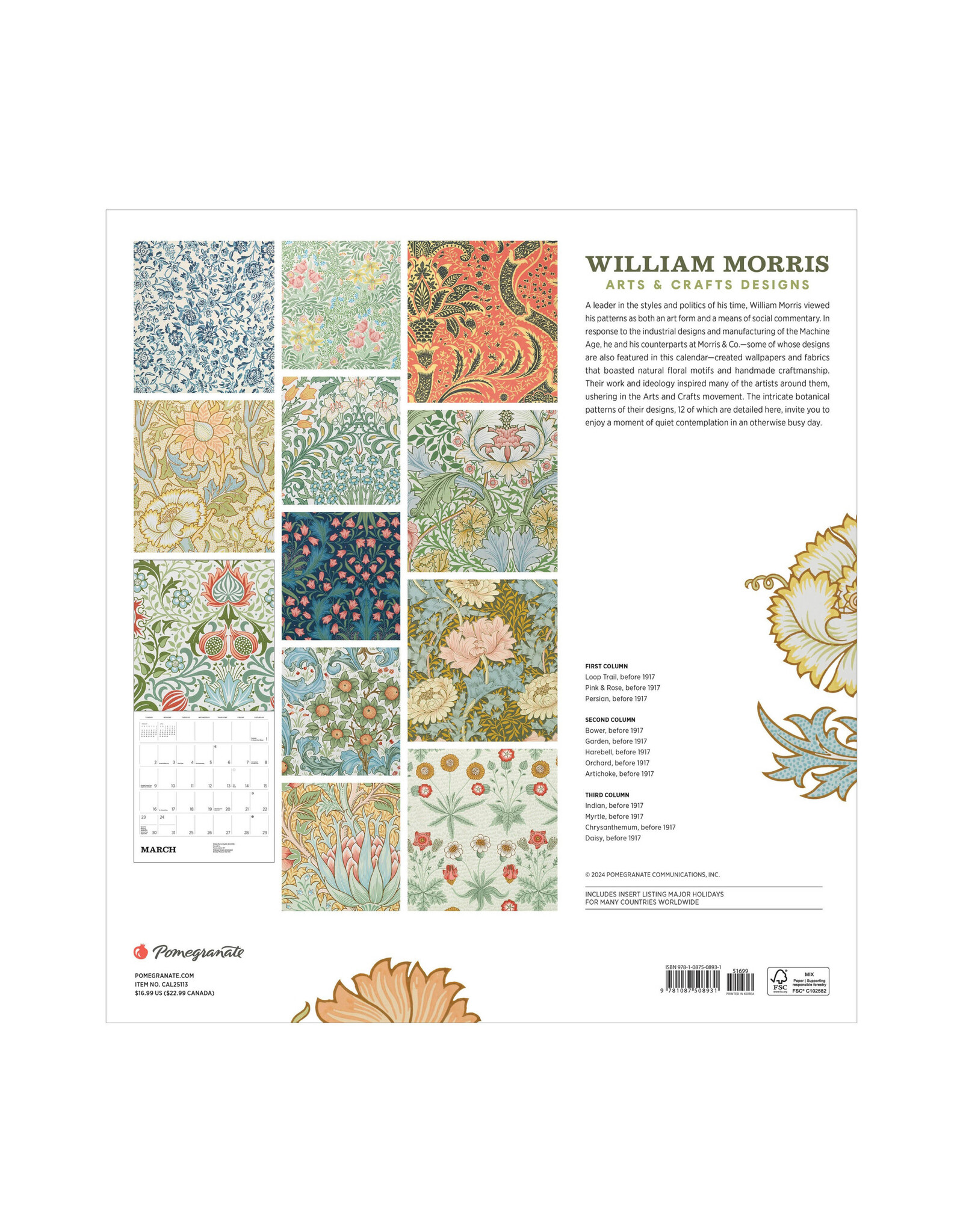 Pomegranate William Morris: Arts & Crafts Designs 2025 Wall Calendar