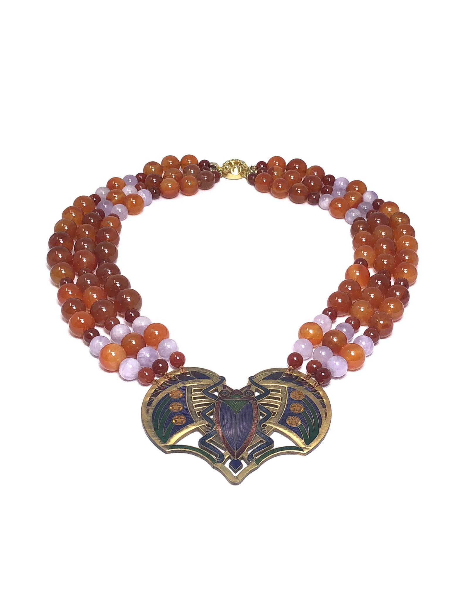Sunya Currie 3-Strand Scarab Necklace with Carnelian and Amethyst Beads