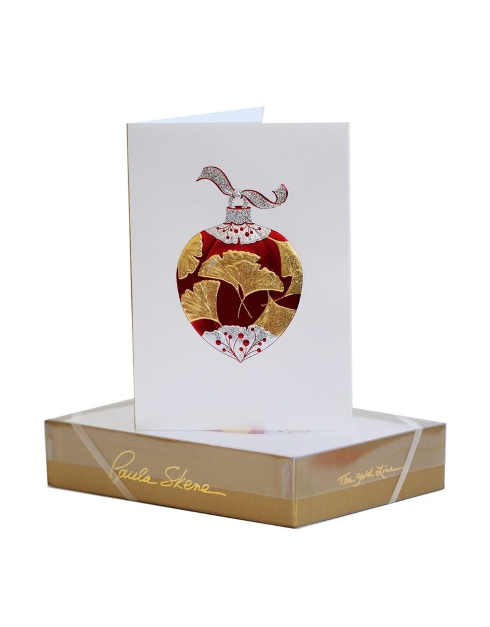 Paula Skene Designs Ginkgo Ornament on Silver Satin Box of 8