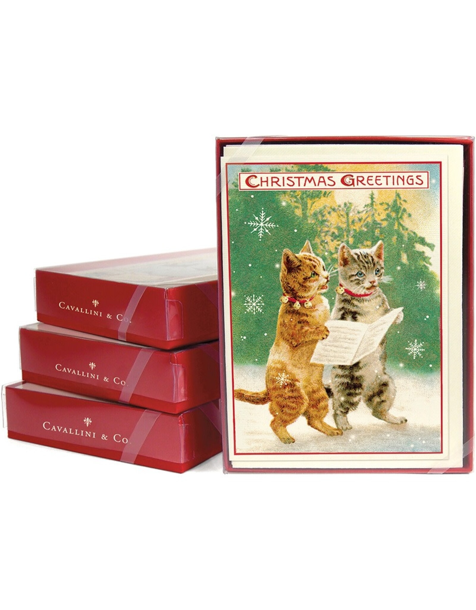 Cavallini Papers & Co. Christmas Cats 4 Boxed Glittered Notecards