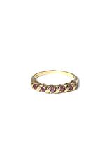 T&C 14K Gold Ring with Row of 5 Spinels & Scrollwork Motif