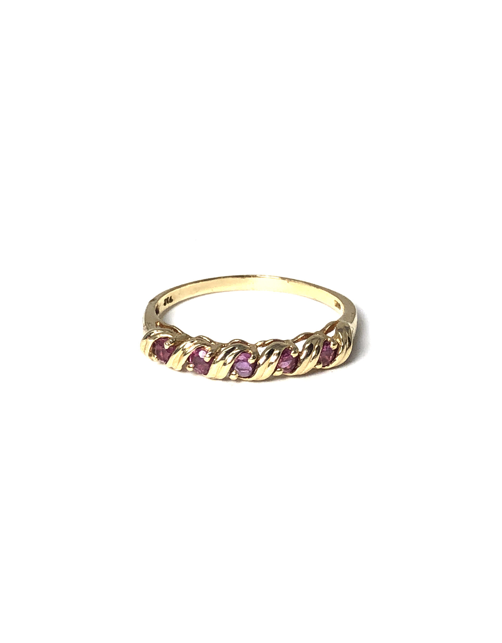 T&C 14K Gold Ring with Row of 5 Spinels & Scrollwork Motif