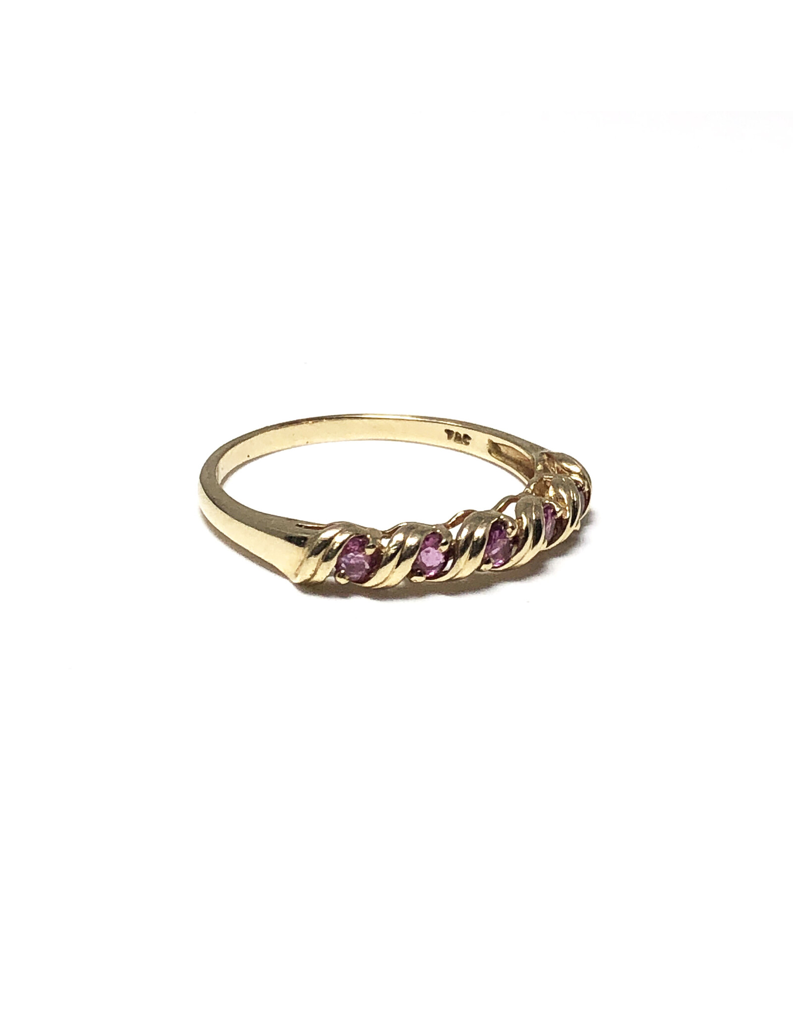 T&C 14K Gold Ring with Row of 5 Spinels & Scrollwork Motif
