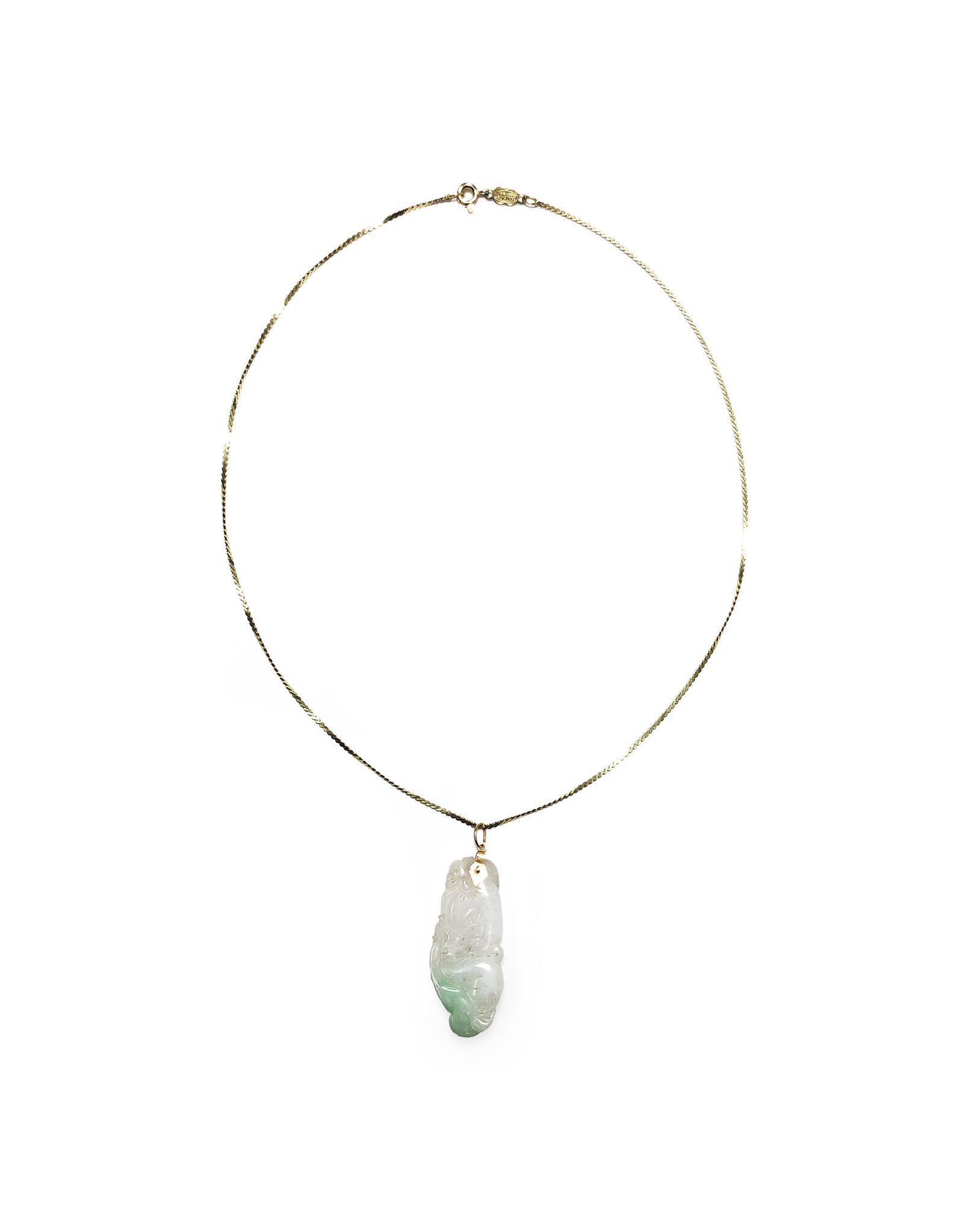 Carved Cat & Peach Green and White Jade Pendant on 14K Gold Serpentine Chain