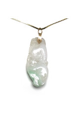 Carved Cat & Peach Green and White Jade Pendant on 14K Gold Serpentine Chain