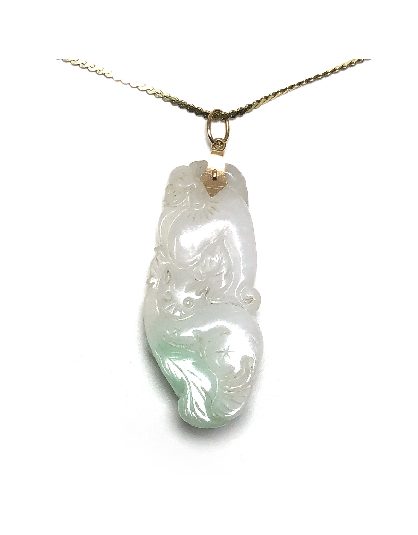 Carved Cat & Peach Green and White Jade Pendant on 14K Gold Serpentine Chain