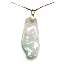Carved Cat & Peach Green and White Jade Pendant on 14K Gold Serpentine Chain