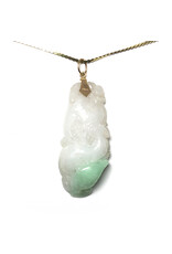 Carved Cat & Peach Green and White Jade Pendant on 14K Gold Serpentine Chain