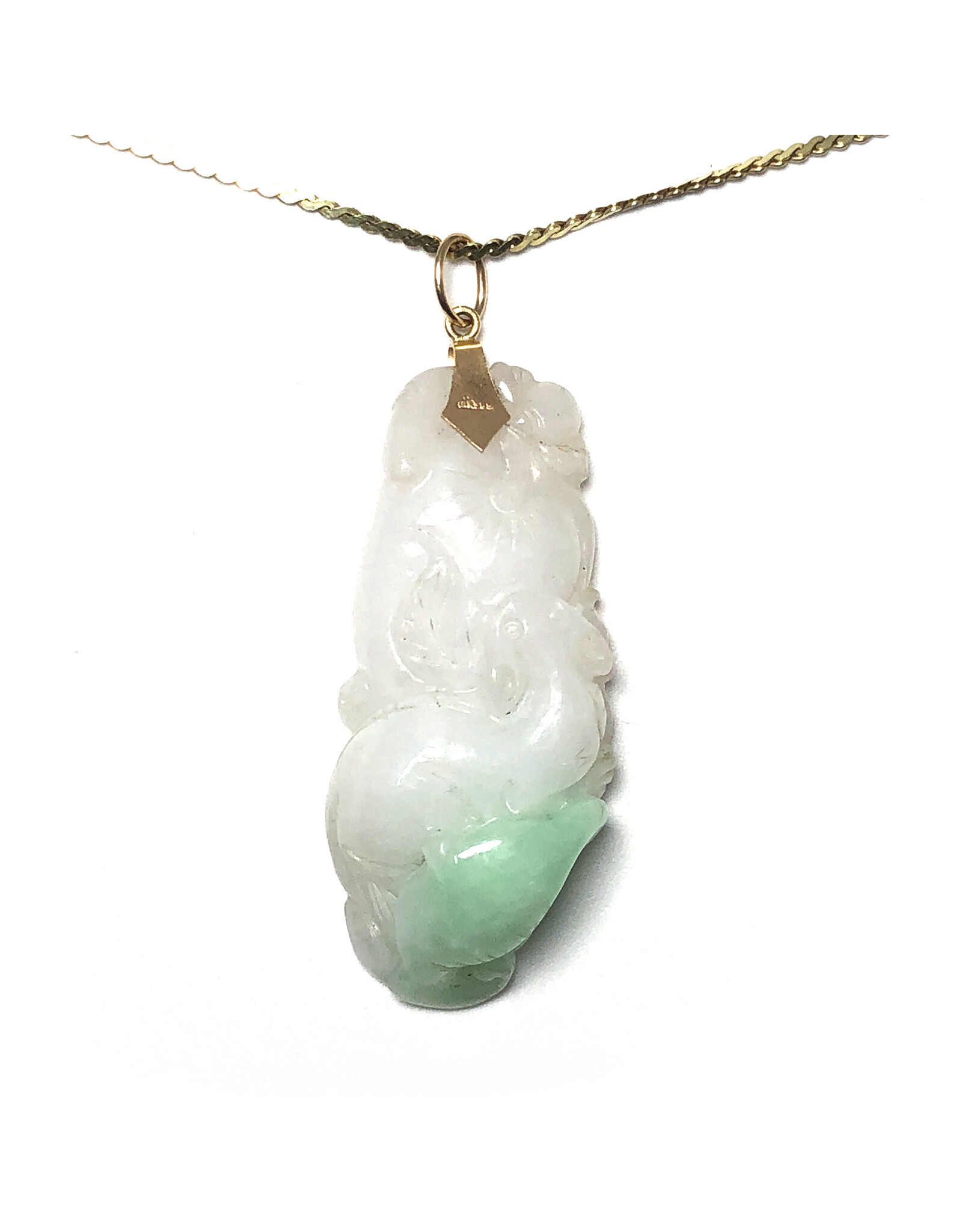 Carved Cat & Peach Green and White Jade Pendant on 14K Gold Serpentine Chain