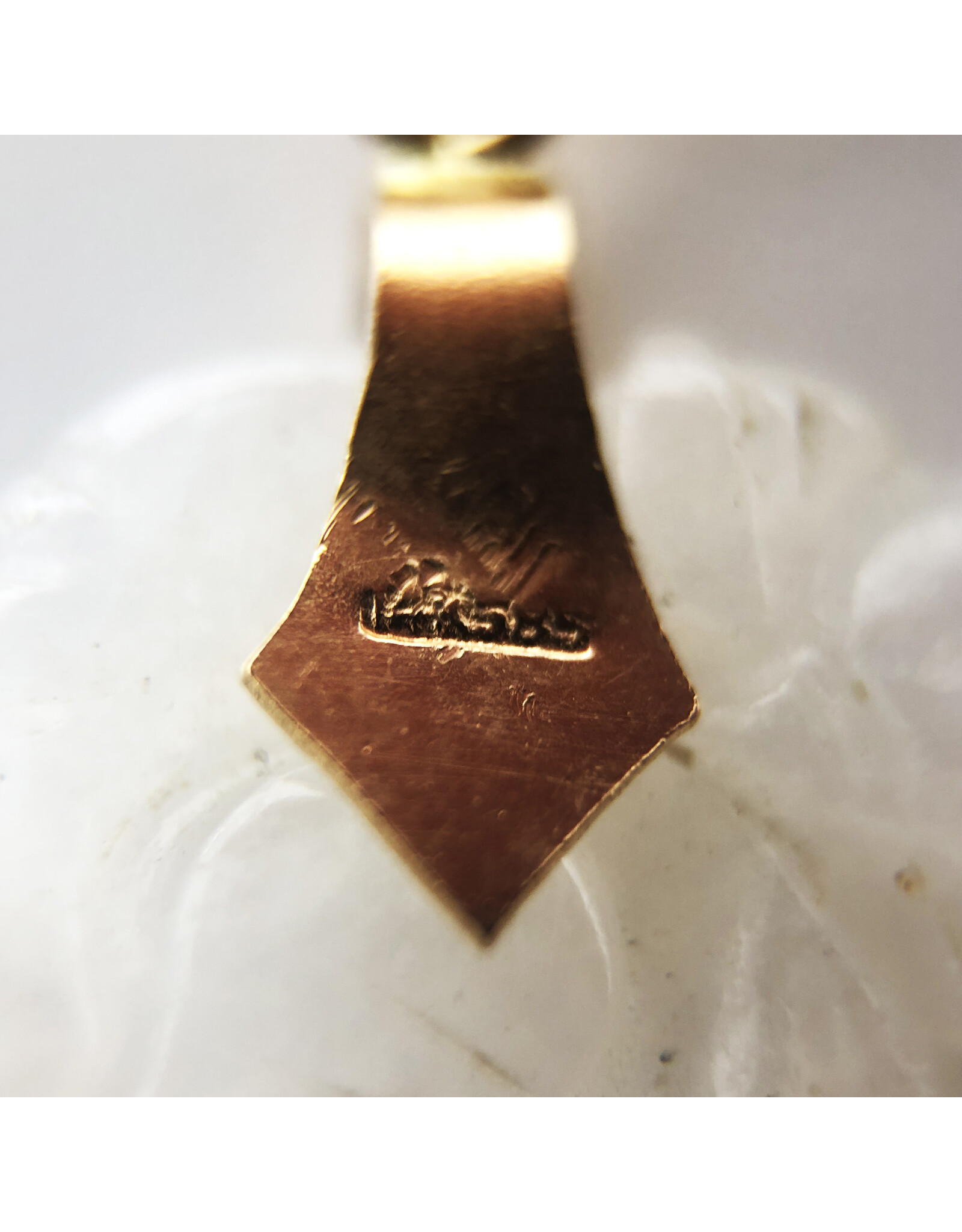 Carved Cat & Peach Green and White Jade Pendant on 14K Gold Serpentine Chain