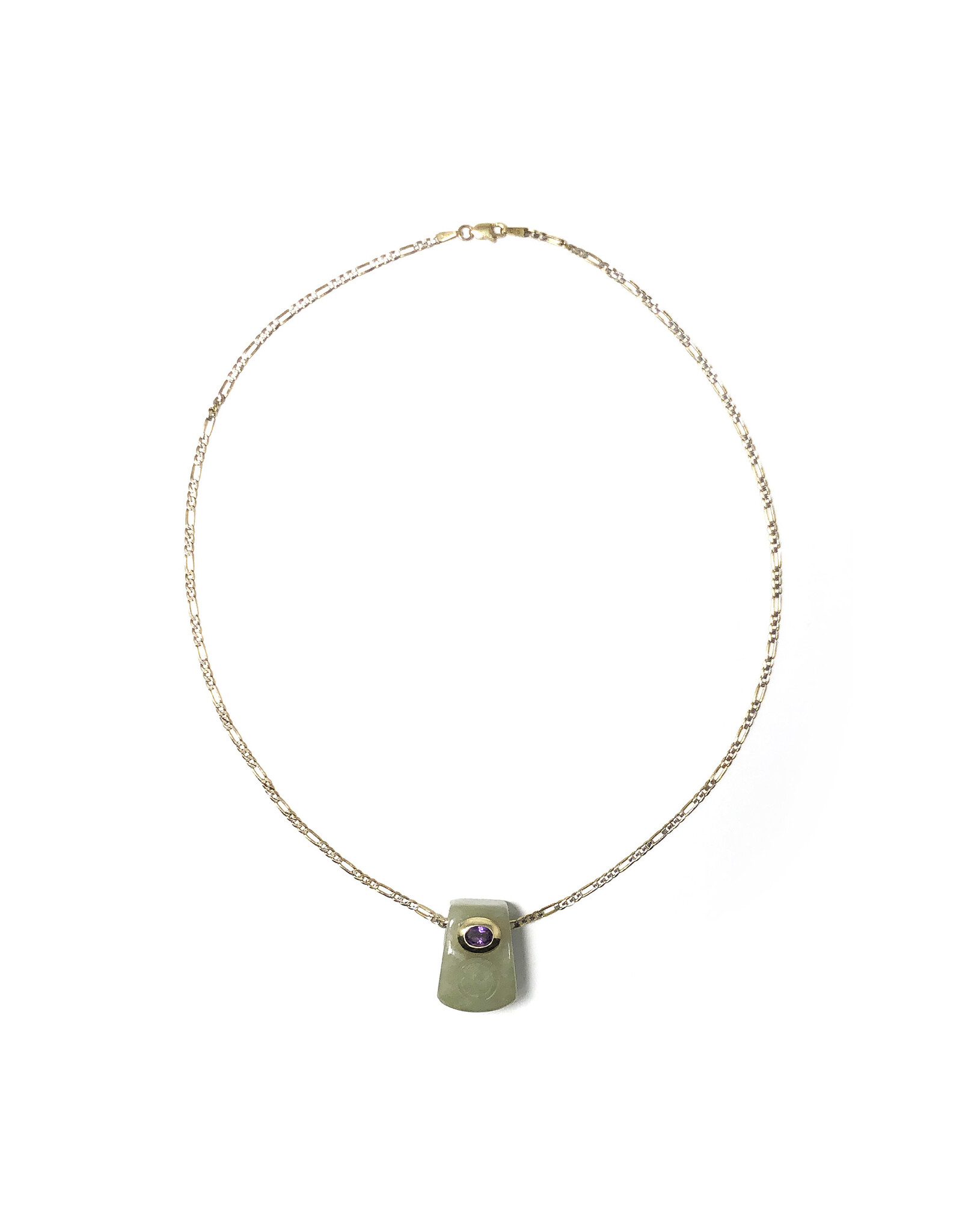 Jade Yupei Pendant with Embedded Amethyst and Carved Fu Character on 14K Gold Figaro Chain