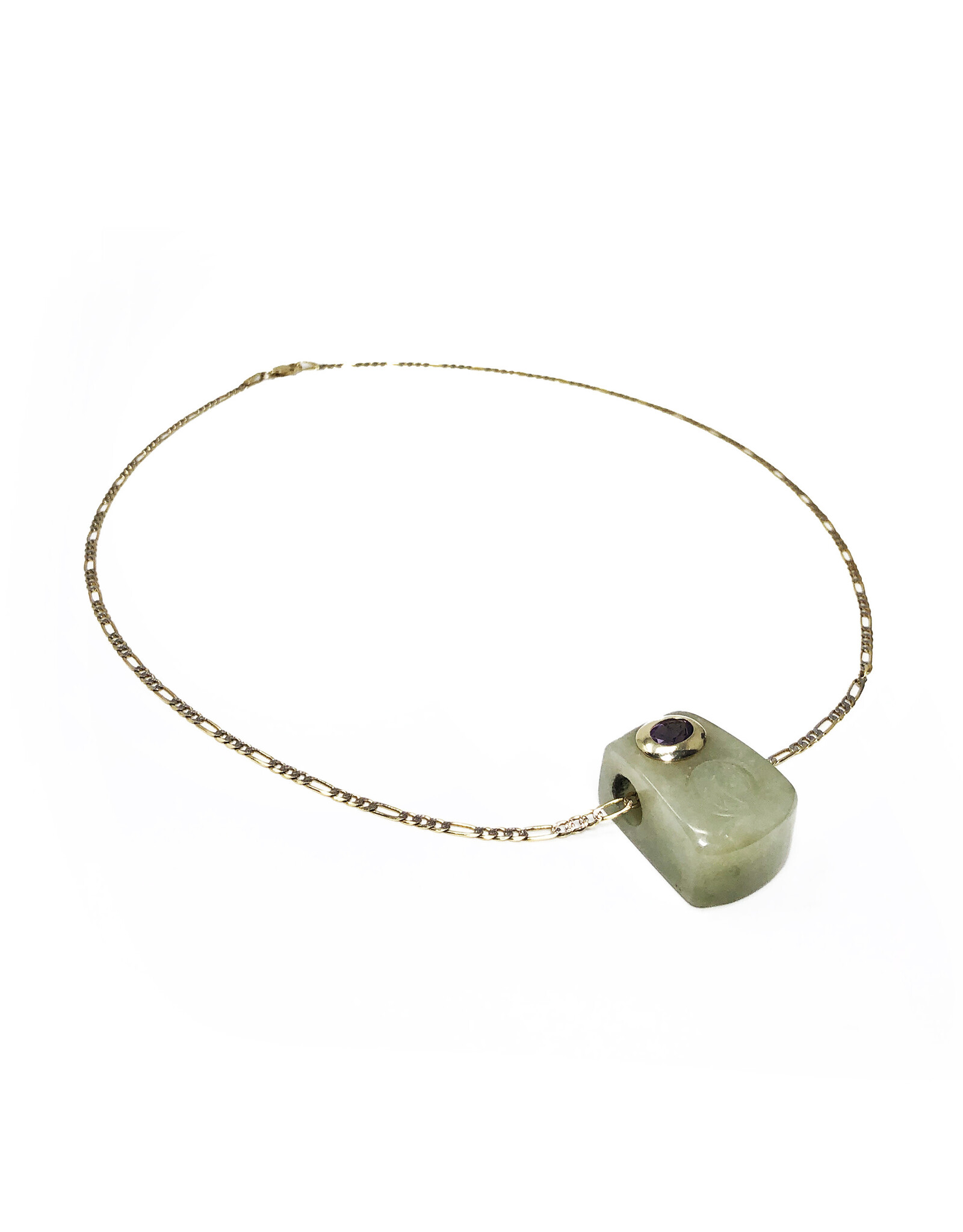 Jade Yupei Pendant with Embedded Amethyst and Carved Fu Character on 14K Gold Figaro Chain