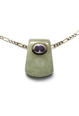 Jade Yupei Pendant with Embedded Amethyst and Carved Fu Character on 14K Gold Figaro Chain