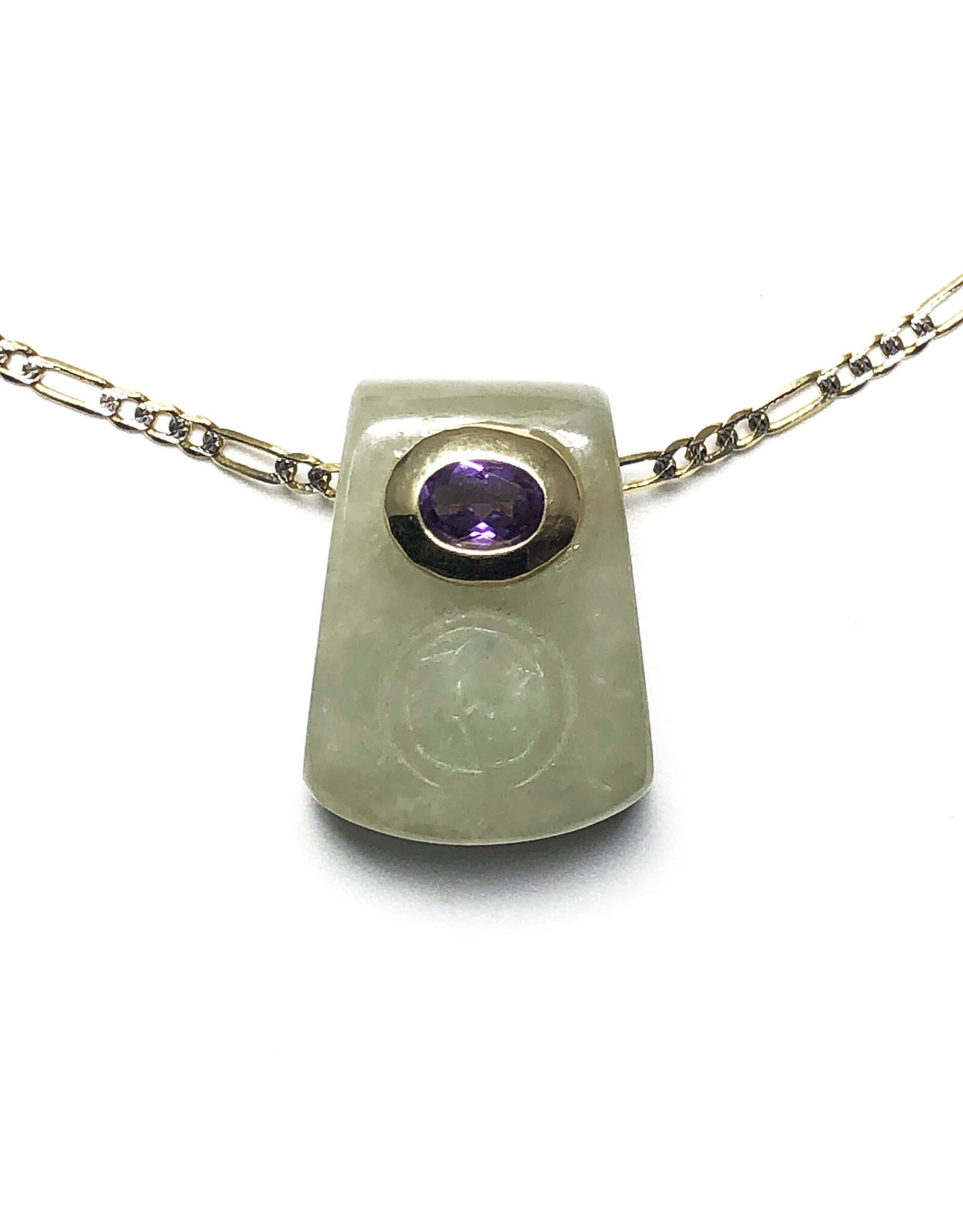 Jade Yupei Pendant with Embedded Amethyst and Carved Fu Character on 14K Gold Figaro Chain