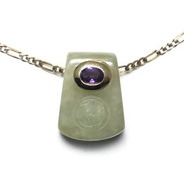 Jade Yupei Pendant with Embedded Amethyst and Carved Fu Character on 14K Gold Figaro Chain