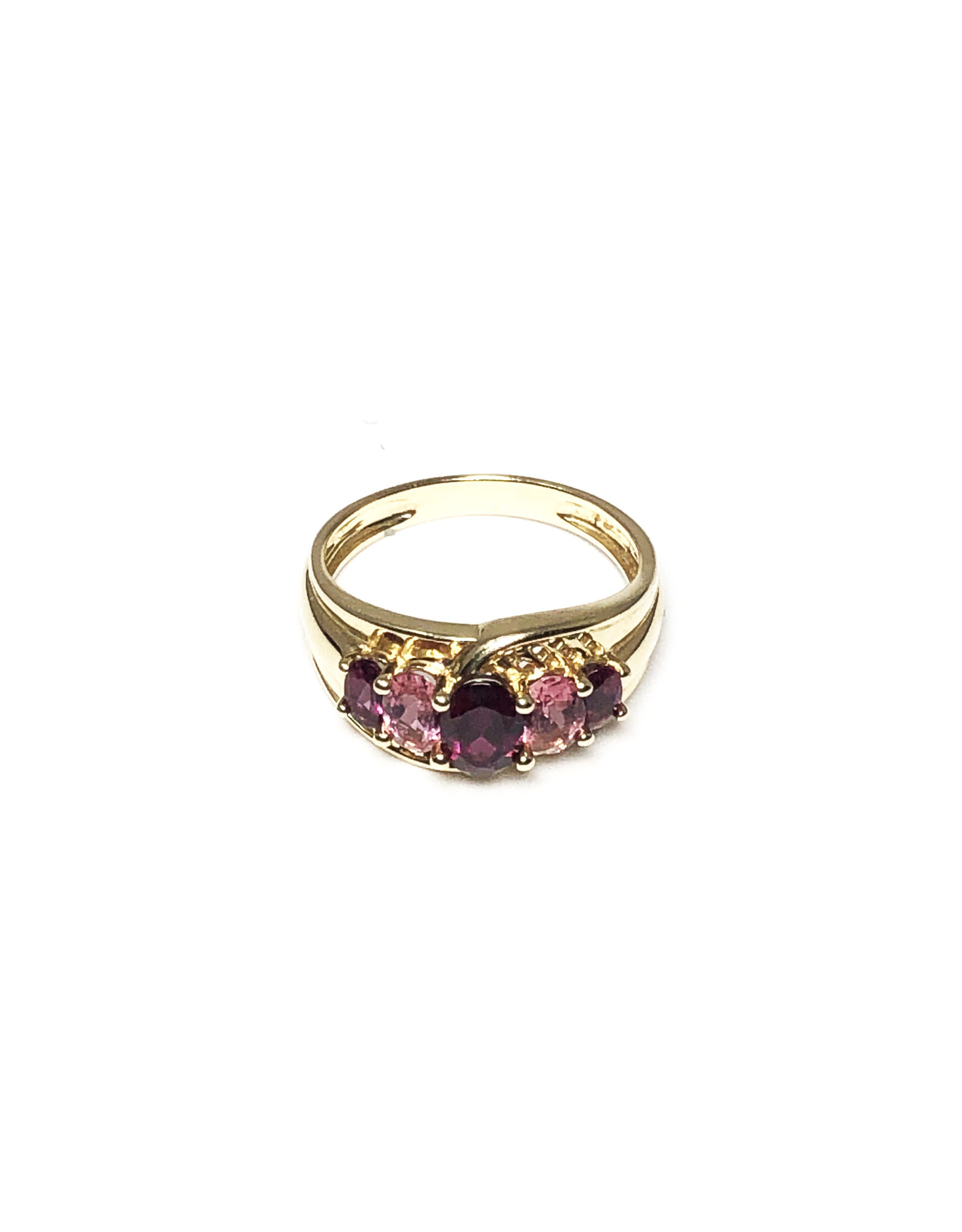 14K Gold Ring with Row of 3 Garnets & 2 Morganites on Lattice Motif