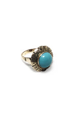 14K Gold Ring with Turquoise Cabochon in Floral Round