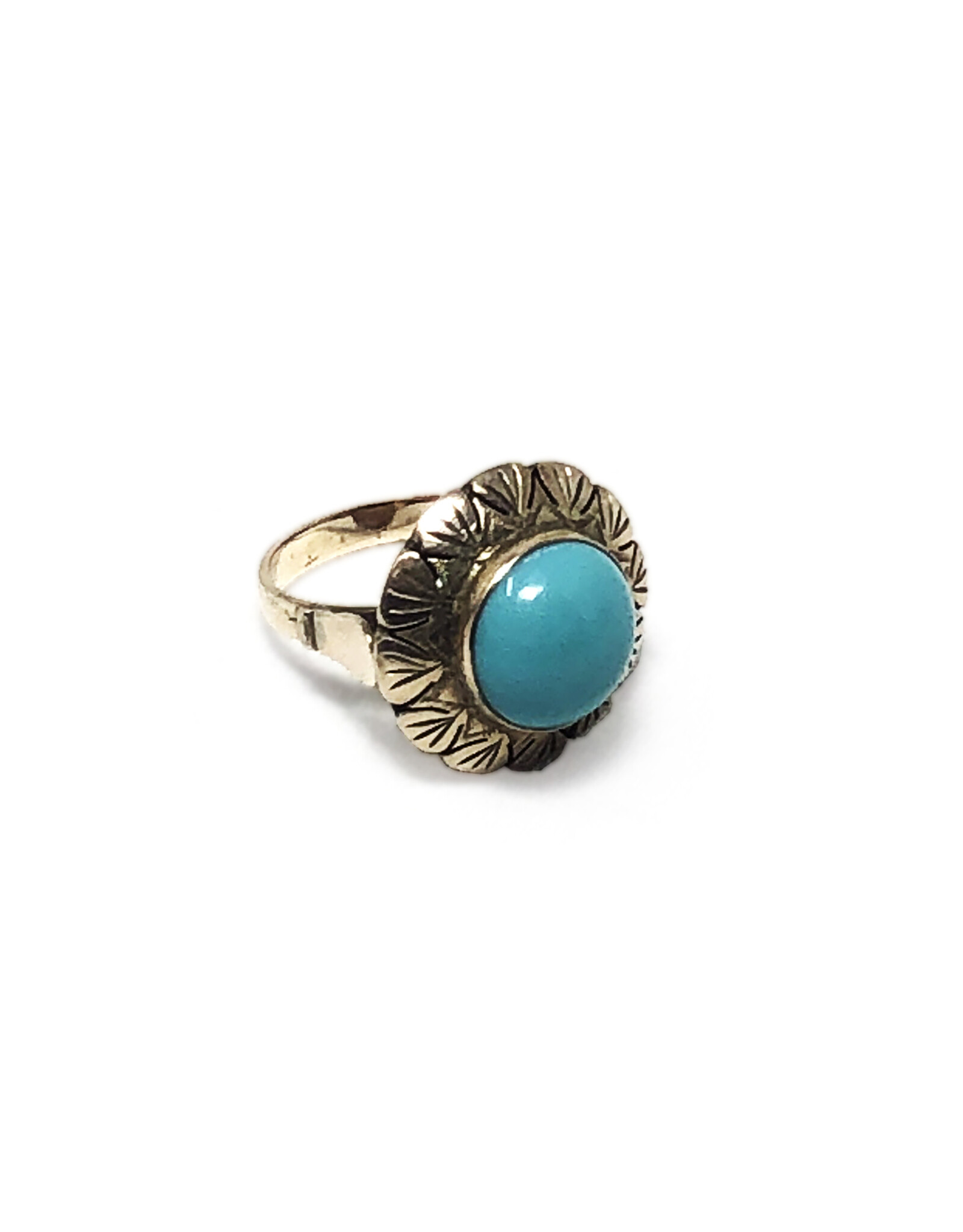 14K Gold Ring with Turquoise Cabochon in Floral Round