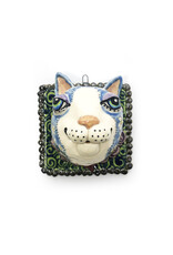 Atomic Girl Pottery Medium Blue Cat Head Flowers Tile