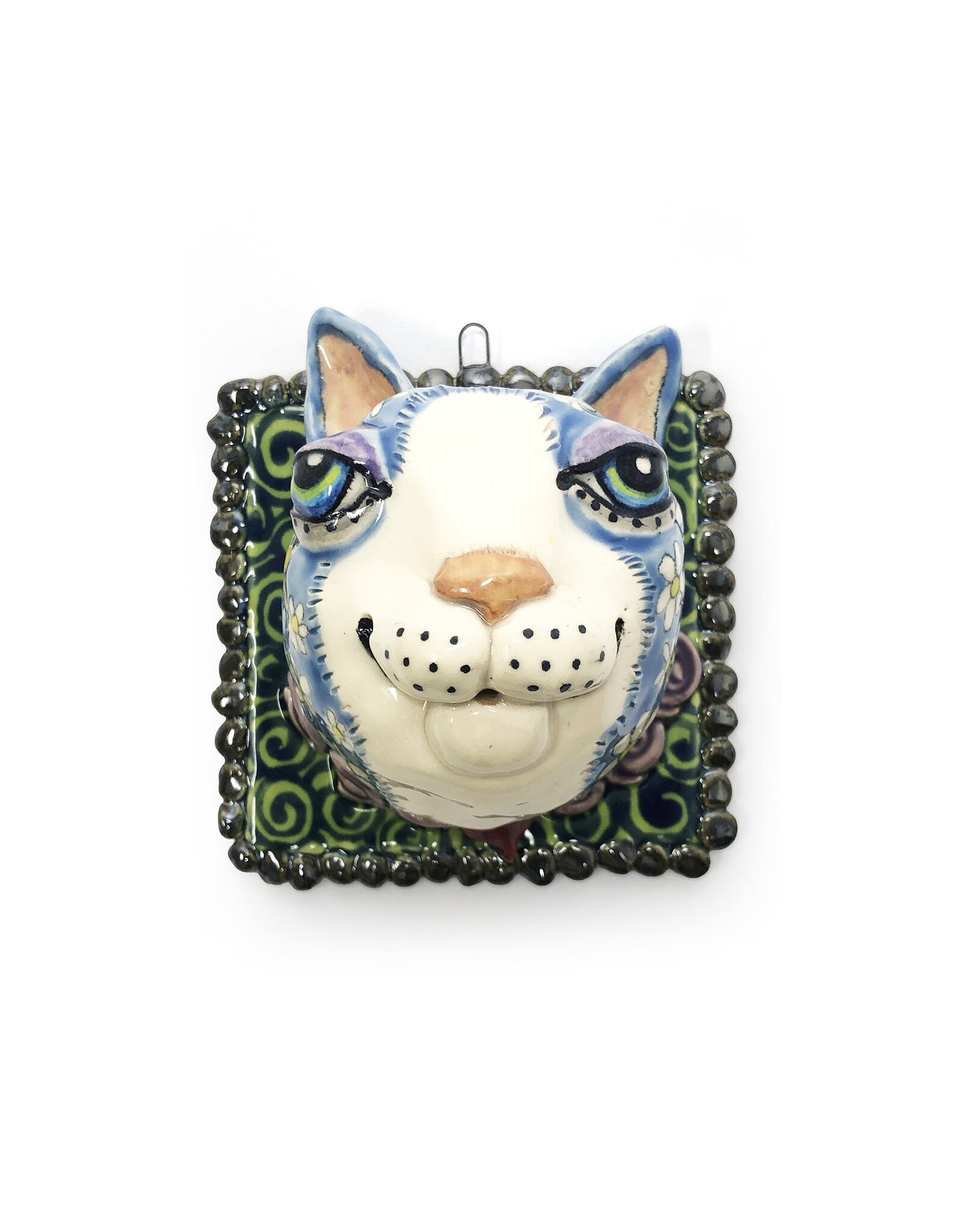 Atomic Girl Pottery Medium Blue Cat Head Flowers Tile