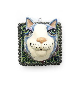 Atomic Girl Pottery Medium Blue Cat Head Flowers Tile