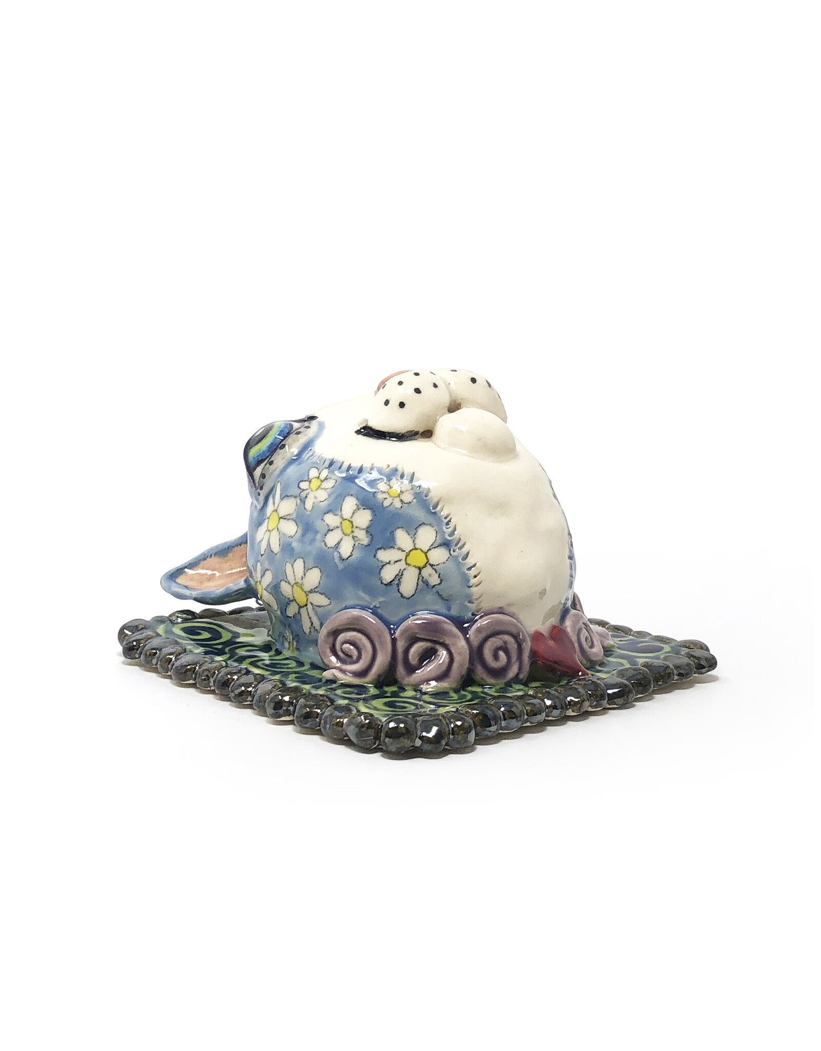 Atomic Girl Pottery Medium Blue Cat Head Flowers Tile