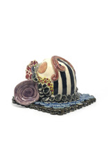 Atomic Girl Pottery Medium Black Fish Head Tile on Blue