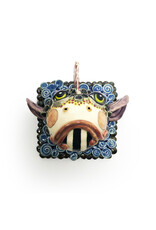 Atomic Girl Pottery Medium Black Fish Head Tile on Blue
