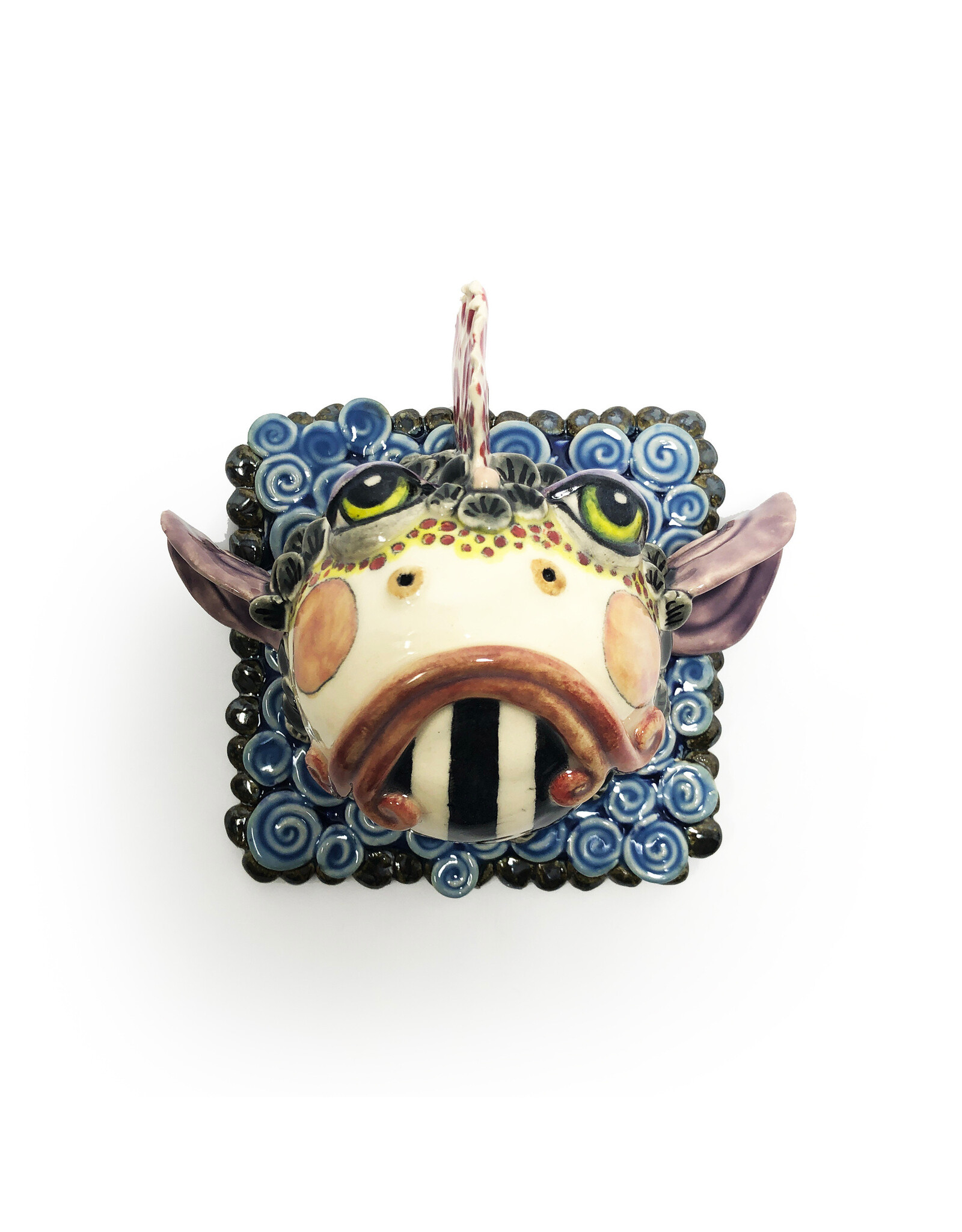 Atomic Girl Pottery Medium Black Fish Head Tile on Blue