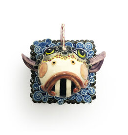 Atomic Girl Pottery Medium Black Fish Head Tile on Blue