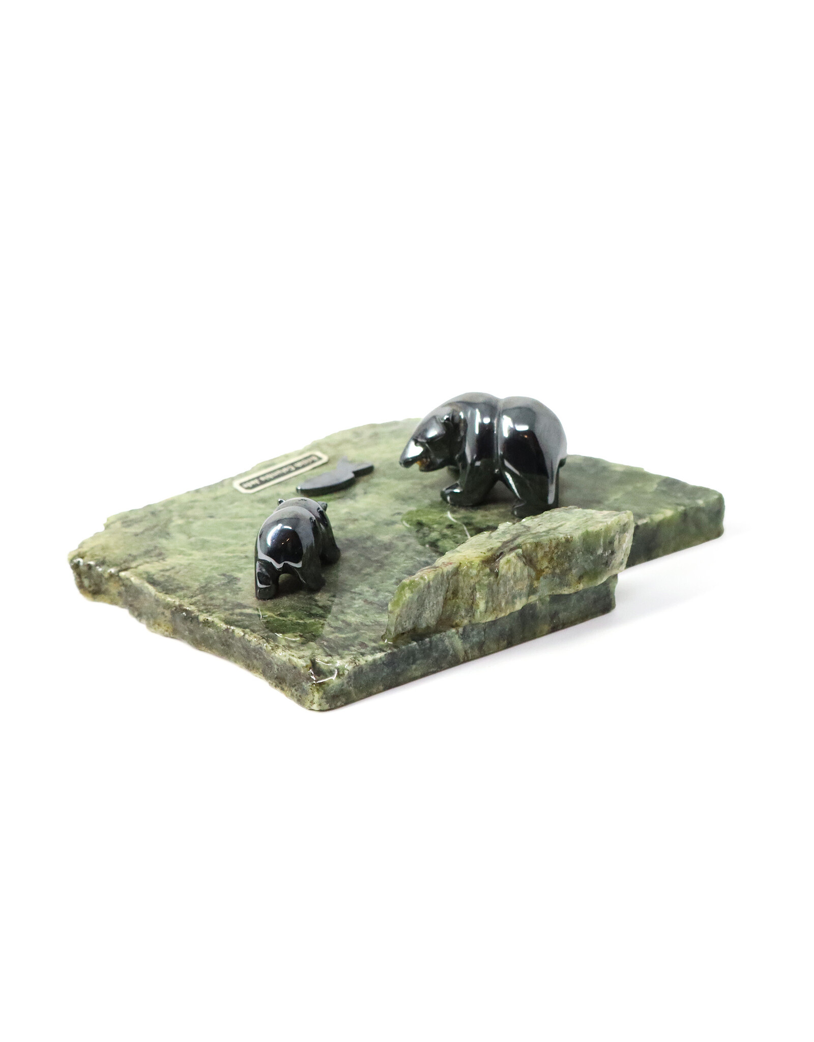 British Columbia Jade Paperweight with Hematite Bears and Salmon