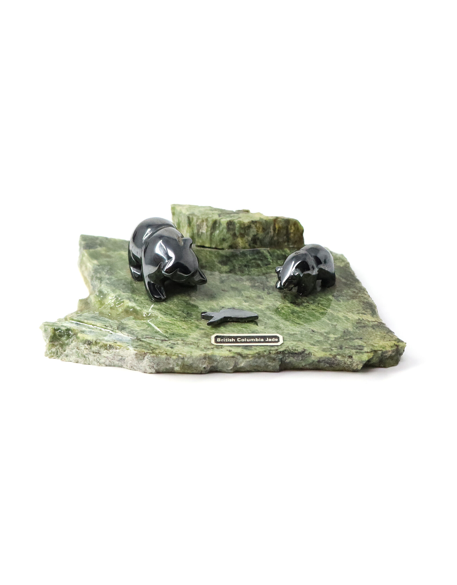 British Columbia Jade Paperweight with Hematite Bears and Salmon