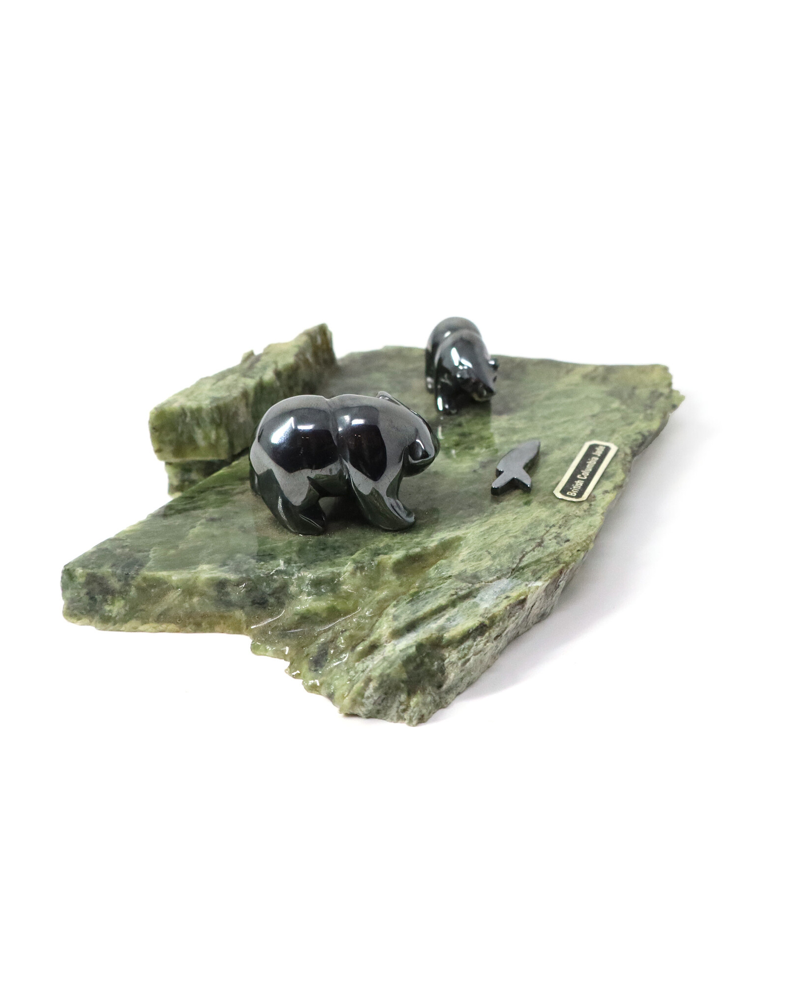 British Columbia Jade Paperweight with Hematite Bears and Salmon