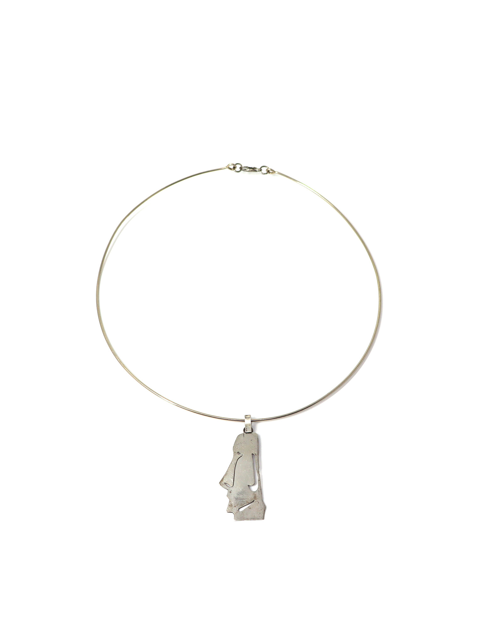 Cut-Out Sterling Moai Pendant  on Metal Wire Necklace