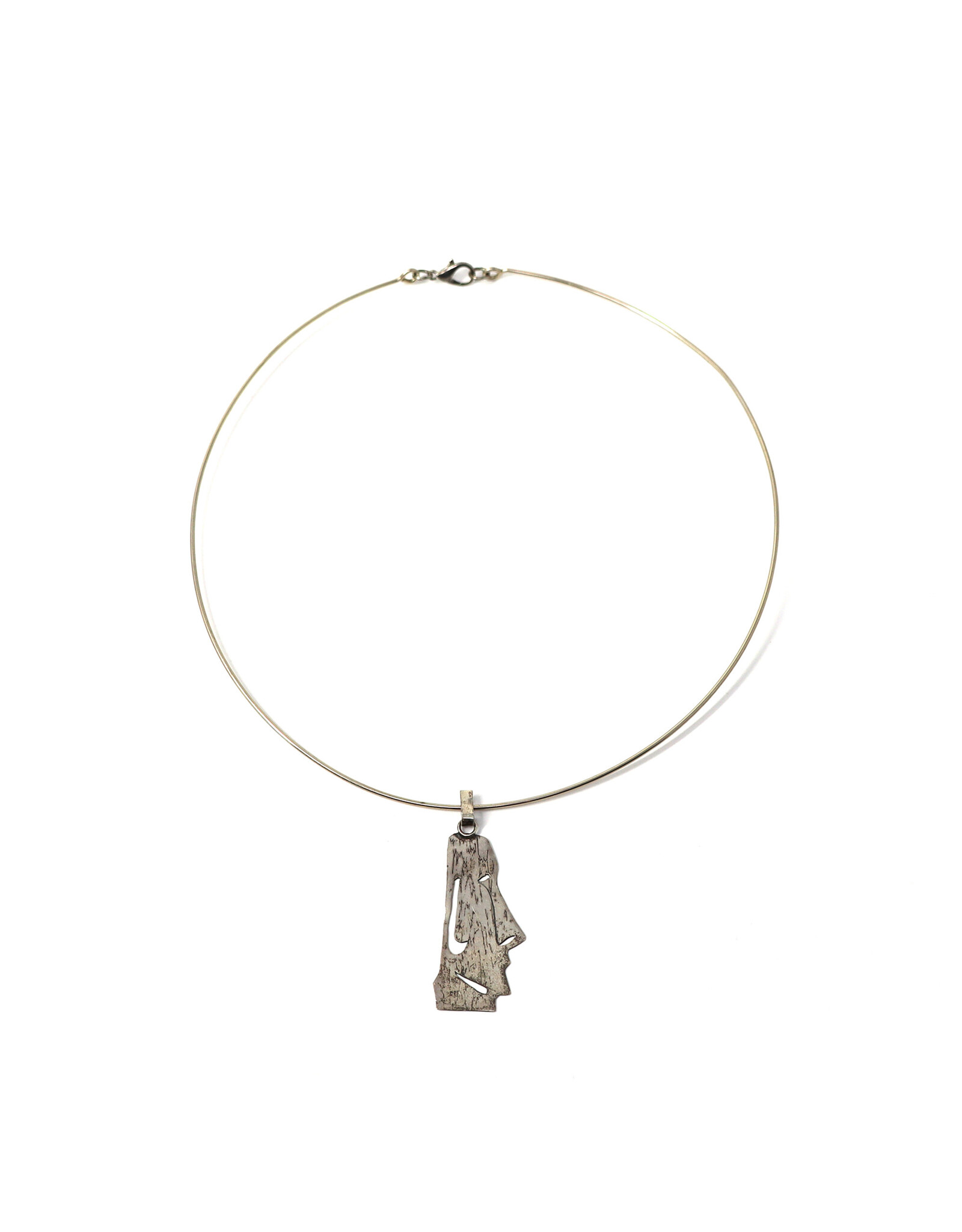 Cut-Out Sterling Moai Pendant  on Metal Wire Necklace