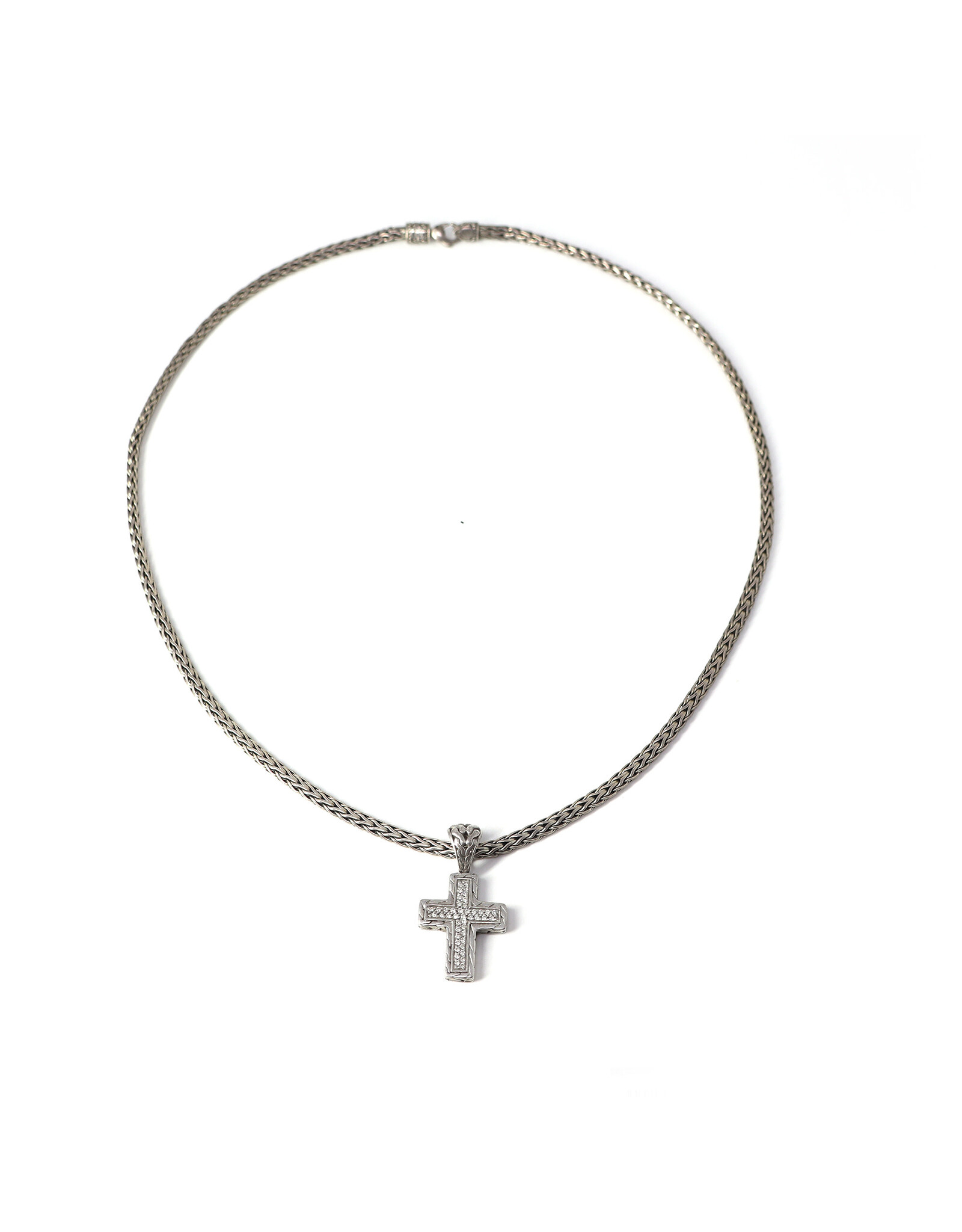 Sterling Cross with 43 Pavé Diamond Chips and 18K Gold Insert on Sterling Wheat Chain