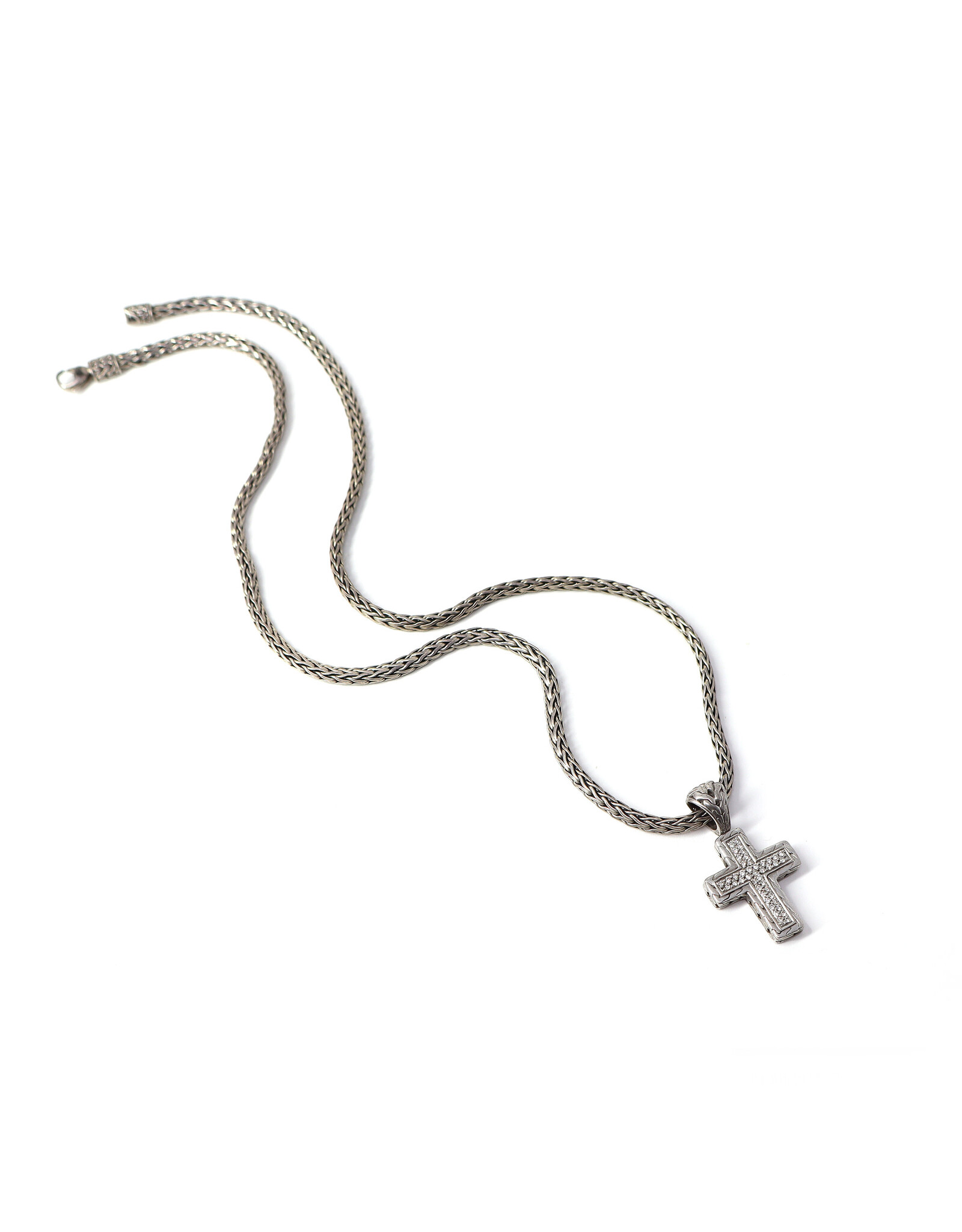 Sterling Cross with 43 Pavé Diamond Chips and 18K Gold Insert on Sterling Wheat Chain