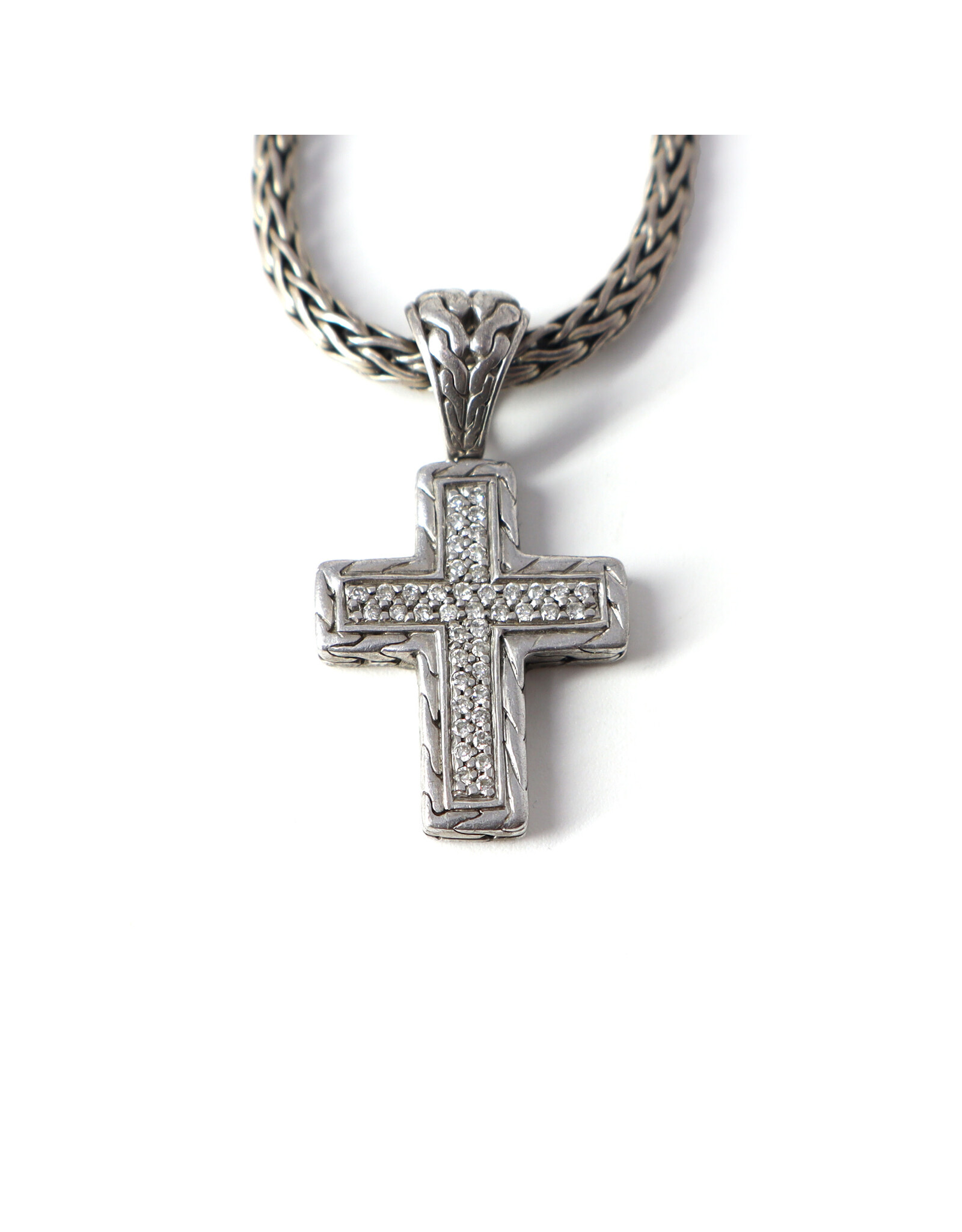 Sterling Cross with 43 Pavé Diamond Chips and 18K Gold Insert on Sterling Wheat Chain